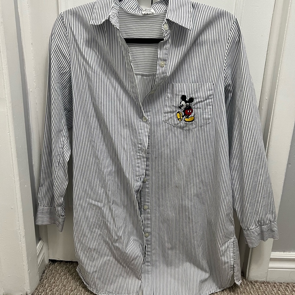 #028 Disney Striped Button-Up Shirt with Mickey Mouse